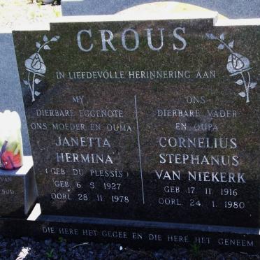 CROUS Cornelius Stephanus Van Niekerk 1916-1980 &amp; Janetta Hermina DU PLESSIS 1927-1978
