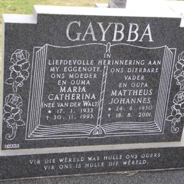GAYBBA Mattheus Johannes 1930-2001 &amp; Maria Catherina VAN DER WALT 1933-1993