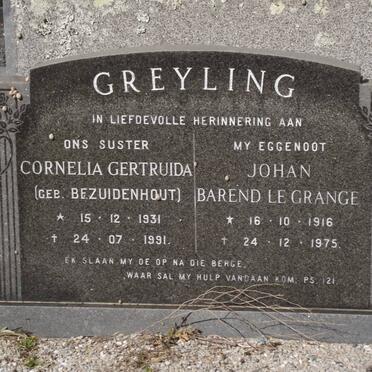 GREYLING Johan Berend Le Grange 1916-1975 :: GREYLING Cornelia Gertruda nee BEZUIDENHOUT 1931-1991