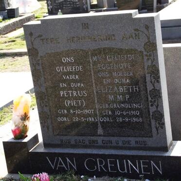 GREUNEN Petrus G., van 1907-1983 &amp; Elizabeth M.M.P. GRUNDLING 1910-1968