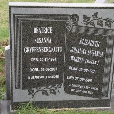GRYFFENBERG Beatrice Susanna nee OTTO 1924-2007 :: WARREN Elizabeth Johanna Susanna nee KELLY  1917-1998