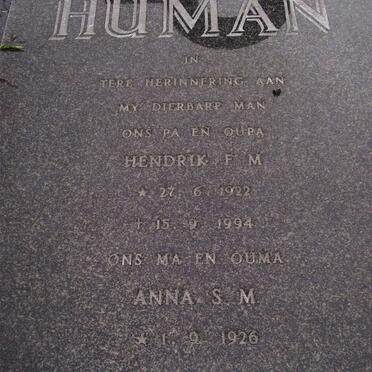 HUMAN Hendrik F.M. 1922-1994 &amp; Anna S.M. 1926-2010