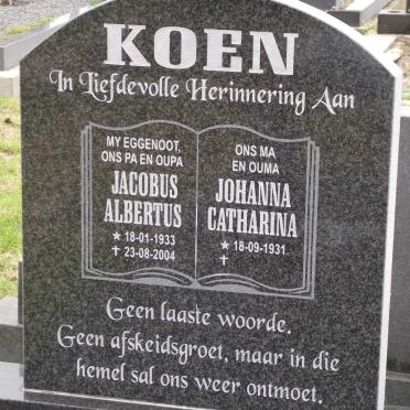 KOEN Jacobus Albertus 1933-2004 &amp; Johanna Catharina 1931-