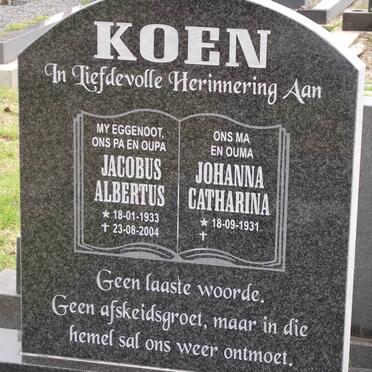 KOEN Jacobus Albertus 1933-2004 &amp; Johanna Catharina 1931-