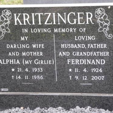 KRITZINGER Ferdinand 1924-2007 &amp; Alphia 1933-1986