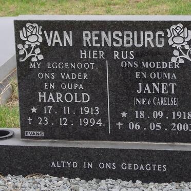 RENSBURG Adam Harold, van 1913-1994 &amp; Janet CARELSE 1918-2003