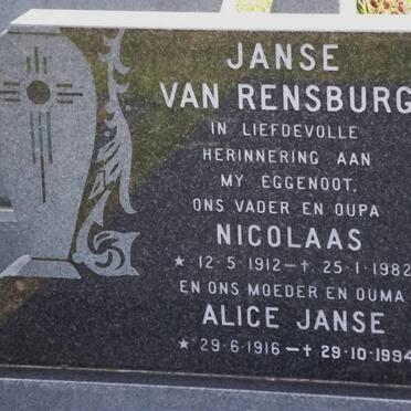 RENSBURG Nicolaas, janse van 1912-1982 &amp; Alice Janse 1916-1994