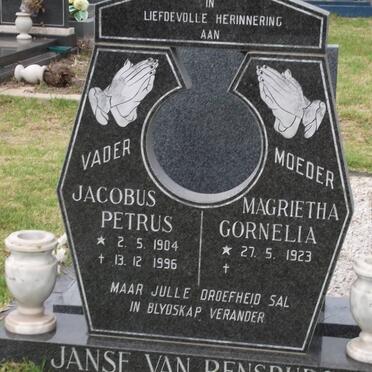 RENSBURG Jacobus Petrus, janse van 1904-1996 &amp; Magrietha Gornelia 1923-1997