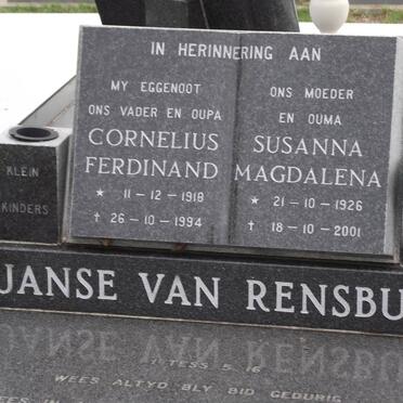 RENSBURG Cornelius Ferdinand, janse van 1918-1994 &amp; Susanna Magdalena 1926-2001