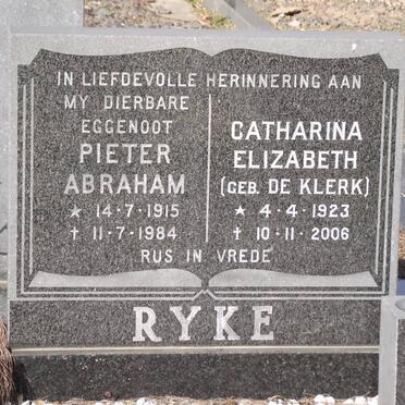 RYKE Pieter Abraham 1915-1984 &amp; Catharina Elizabeth DE KLERK 1923-2006