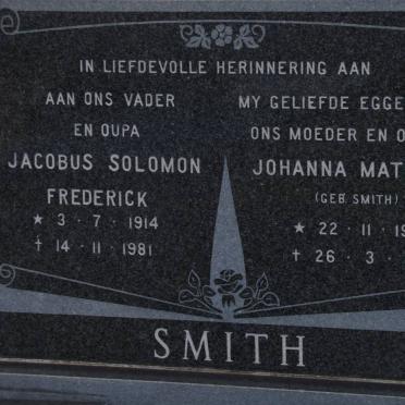 SMITH Jacobus Solomon Frederick 1914-1981 &amp; Johanna Matilda SMITH 1923-1977