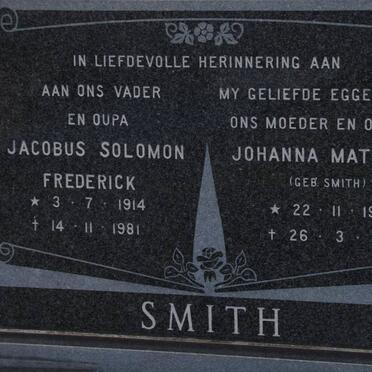SMITH Jacobus Solomon Frederick 1914-1981 &amp; Johanna Matilda SMITH 1923-1977