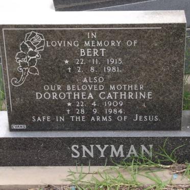 SNYMAN J.A. 1915-1981 &amp; Dorothea Cathrine 1909-1984