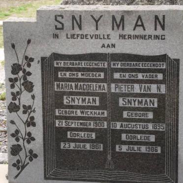 SNYMAN Pieter Van N. 1895-1986 &amp; Maria Magdelena WICKHAM 1900-1961