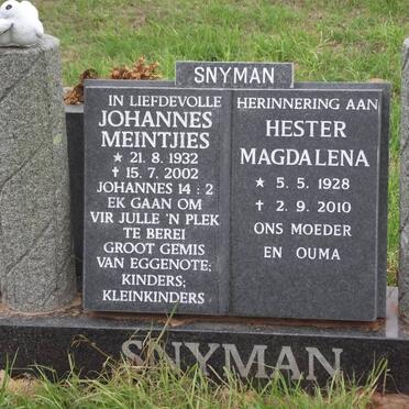 SNYMAN Johannes Meintjies 1932-2002 &amp; Hester Magdalena 1928-2010