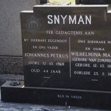 SNYMAN Johannes Petrus -1968 &amp; Wilhelmina Maria VAN ZIMMERIN 1923-1989