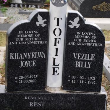 TOFILE Vezile Billy 1921-1992 &amp; Khanyelwa Joyce 1925-2000
