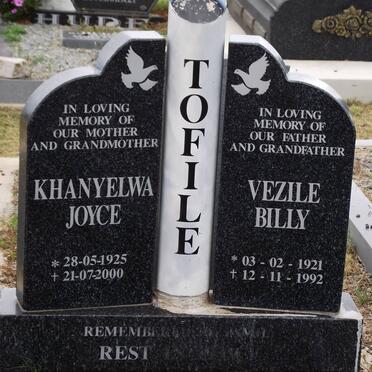TOFILE Vezile Billy 1921-1992 &amp; Khanyelwa Joyce 1925-2000