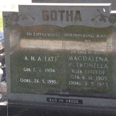 BOTHA A.H.A. 1906-1995 &amp; Magdalena Petronella LLOYD 1905-1973