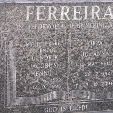 FERREIRA Hendrik Jacobus 1922-1995 &amp; Orpa Johanna MATTHEUS 1921-2004