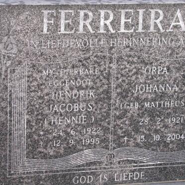 FERREIRA Hendrik Jacobus 1922-1995 &amp; Orpa Johanna MATTHEUS 1921-2004