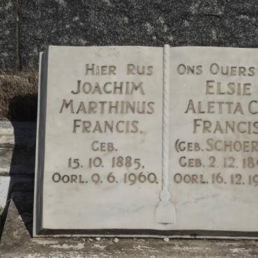 FRANCIS Joachim Marthinus 1885-1960 &amp; Elsie Aletta C.P. SCHOERIE 1890-1945