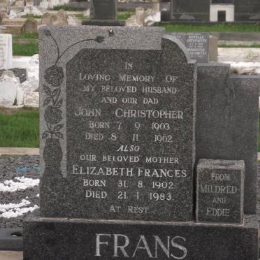 FRANS John Christopher 1903-1962 &amp; Elizabeth Frances 1902-1983