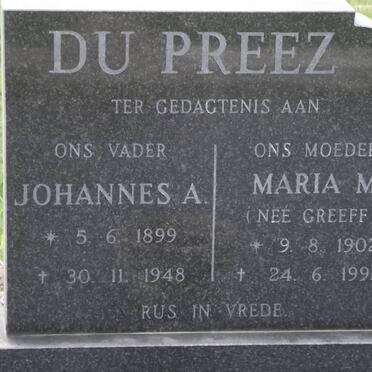 PREEZ Johannes A., du 1899-1948 &amp; Maria M. GREEFF 1902-1992