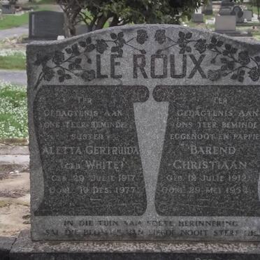 ROUX Barend Christiaan, le 1912-1954 &amp; Aletta Gertruida WHITE 1917-1977