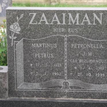 ZAAIMAN Martinus Petrus 1913-1992 &amp; Petronella J.M. BEZUIDENHOUT 1913-1993