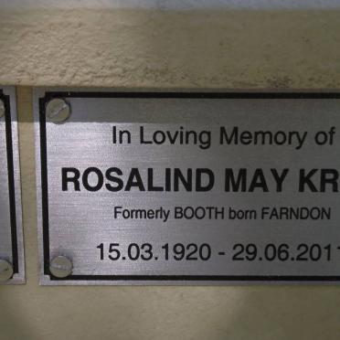 KRIEL Rosalind May formerly BOOTH nee FARNDON 1920-2011