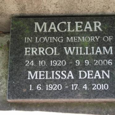 MACLEAR Errol William 1920-2006 &amp; Melissa Dean 1920-2010