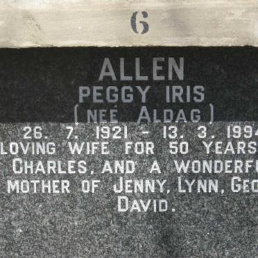 ALLEN Peggy Iris nee ALDAG 1921-1994