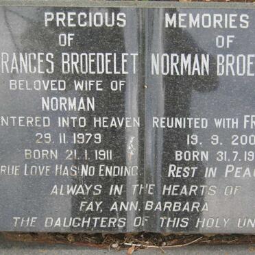 BROEDELET Norman 1908-2001 &amp; Frances 1911-1979