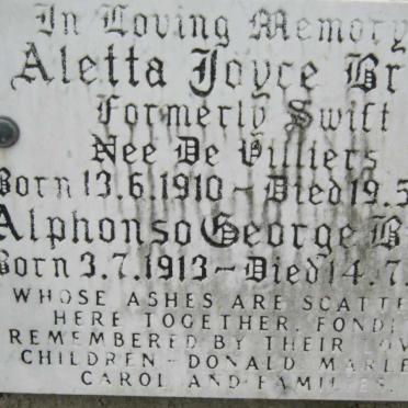 BRAND Alphonso George 1913-1973 &amp; Aletta Joyce, formerly SWIFT nee de VILLIERS 1910-1969