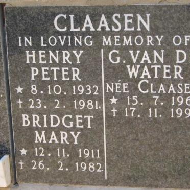 CLAASEN Henry Peter 1932-1981 :: CLAASEN Bridget Mary 1911-1982 :: WATER G., van de nee CLAASEN 1961-1997