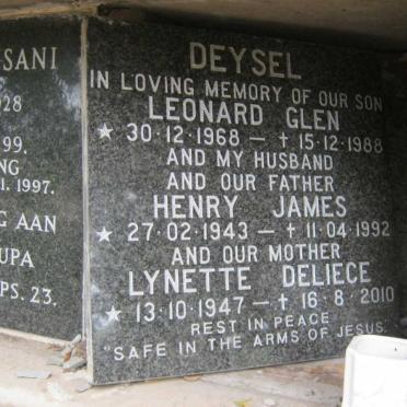 DEYSEL Leonard Glen 1968-1988  :: DEYSEL Henry James 1943-1992 &amp; Lynette Deliece 1947-2010