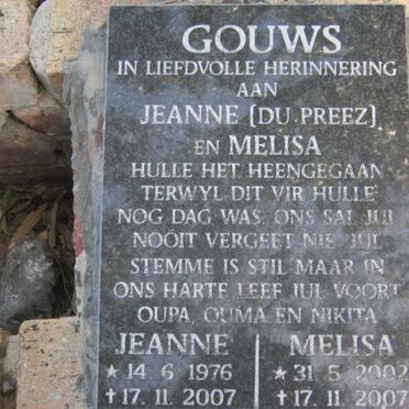 GOUWS Jeanne nee du PREEZ  1976-2007 :: GOUWS Melisa  2002-2007