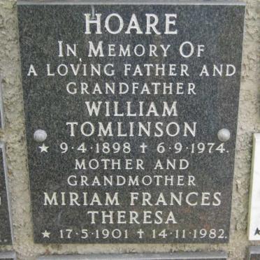 HOARE William Tomlinson 1898-1974 &amp; Miriam Frances Theresa 1901-1982