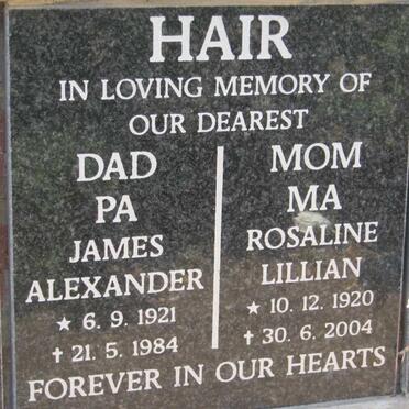HAIR James Alexander 1921-1984 &amp; Rosaline Lillian 1920-2004