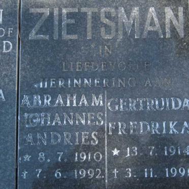 ZIETSMAN Abraham Johannes Andries 1910-1992  &amp; Getruida Fredrika 1914-1991
