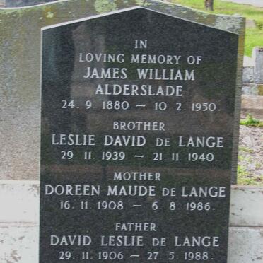 ALDERSLADE James William 1880-1950 :: DE LANGE David Leslie 1906-1988 &amp; Doreen Maude 1908-1986