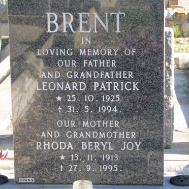 BRENT Leonard Patrick 1925-1994 &amp;  Rhoda Beryl Joy 1913-1995