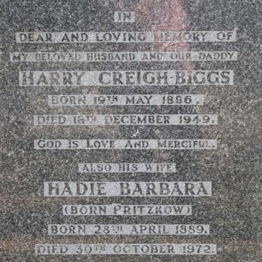 BIGGS Harry, Creigh 1896-1949 &amp; Hadie Barbara PRITZKOW 1889-1972