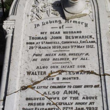 BESWARICK Thomas John 1859-1912 :: BESWARICK Walter John :: BESWARICK Ann -1932