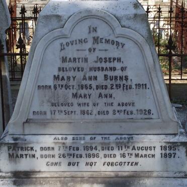 BURNS Martin Joseph 1865-1911 &amp; Mary Ann 1862-1926 :: BURNS Patrick 1894-1895 :: BURNS Martin 1896-1897