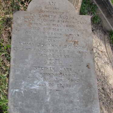 CARR Elizabeth Algoa 1820-1897 :: SCHOUW Emma Johanna :: CARR Stephen -1902