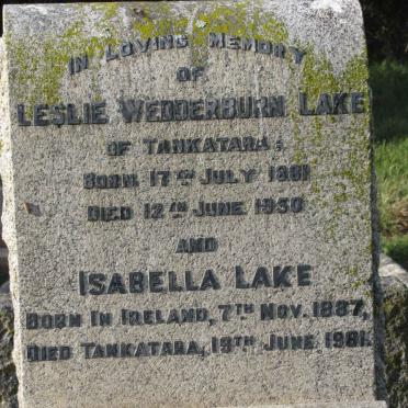 LAKE Leslie Wedderburn 1881-1950 &amp; Isabella 1887-1981