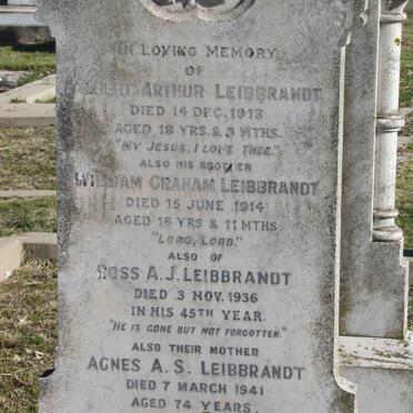 LEIBBRANDT Agnes A.S. -1941 :: LEIBBRANDT William Graham -1914 :: LEIBBRANDT Ross A.J. -1936 :: LEIBBRANDT Albert Arthur -1913