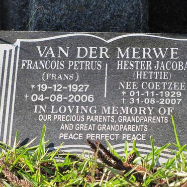 MERWE Francois Petrus, van der 1927-2006 &amp; Hester Jacoba COETZEE 1929-2007